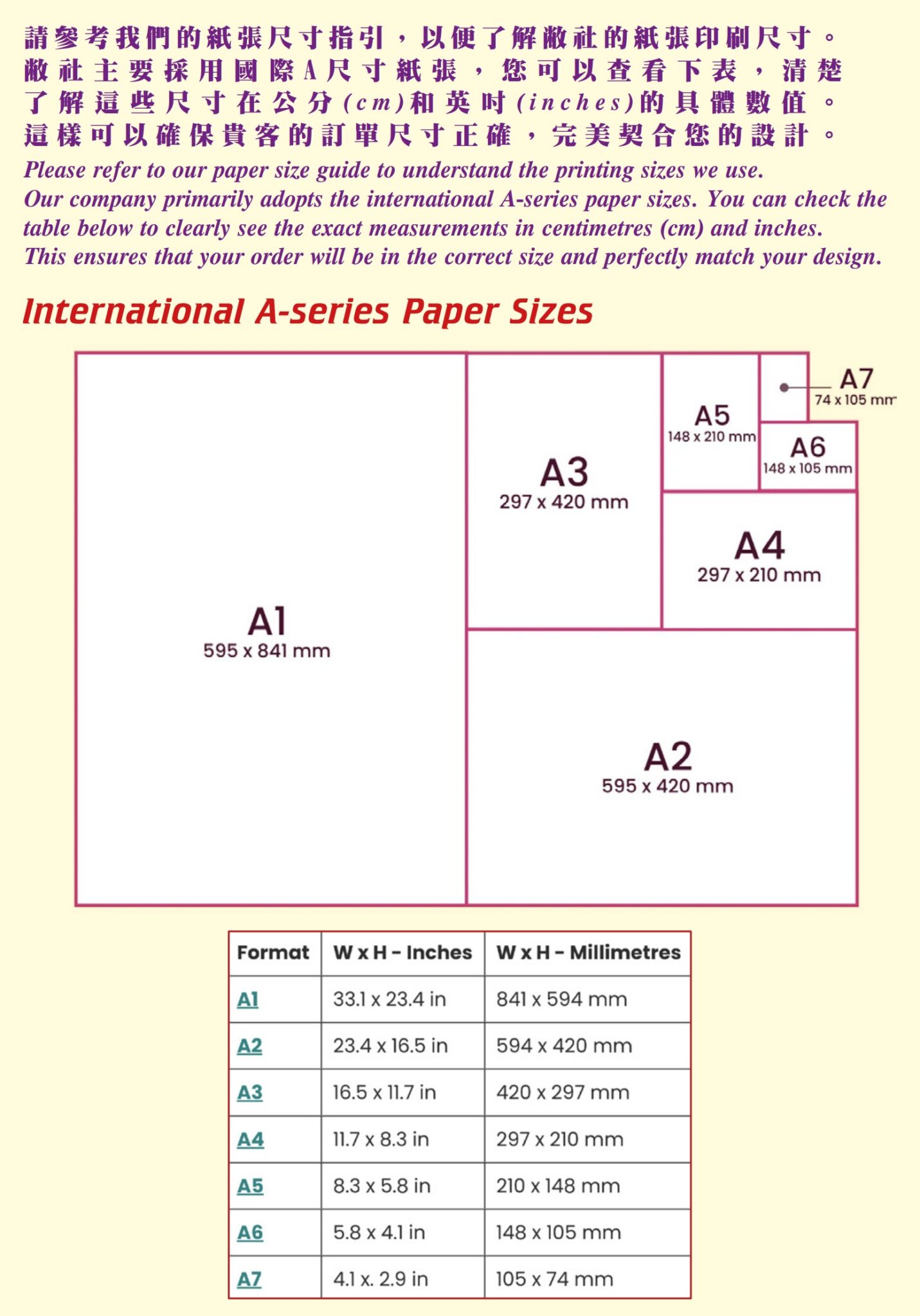 Menus & Paper Sizes Guides | Ying Hua Design